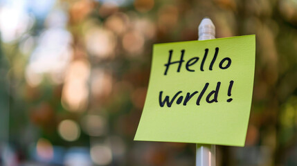 Hello World message written on a yellow sticky note - obrazy, fototapety, plakaty