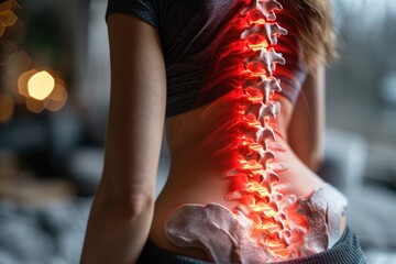 Spine Health Journey: Explore the intersection of sports and healthcare with a focus on a woman experiencing spine pain, showcasing the importance of recovery, treatment, and overall well-being.

 - obrazy, fototapety, plakaty