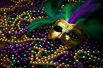 Colorful Mardi Gras beads and mask on festive carnival background