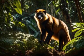 Against the backdrop of a sun-dappled rainforest, a Wolf's Mona Monkey engages in a lively display, its fur catching the ideal