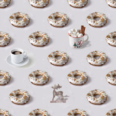 Christmas cake, cup of coffee, mug of cocoa with marshmallows, wooden figurine of deer, seamless pattern