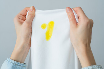 Unrecognizable woman hands holding white clothes with a yellow stain. Spoiled clothes. daily life...