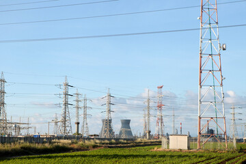 Electric pole and wire against the blue sky. Power lines in Israel close-up. electricity in israel