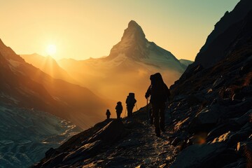 Fototapeta premium Majestic Matterhorn Sunrise: Embark on a sunrise trek to the Matterhorn, witnessing a panoramic view of surrounding mountains, with silhouetted trekkers walking in the serene alpine landscape.
