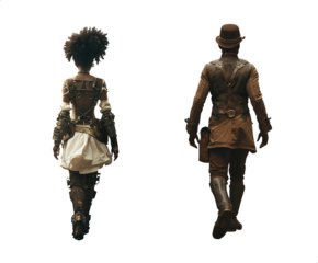 Isolate steampunk man and woman walking away. Rear view. Back view. Full view. Black steampunk man walking away. Black African american steampunk woman walking away.