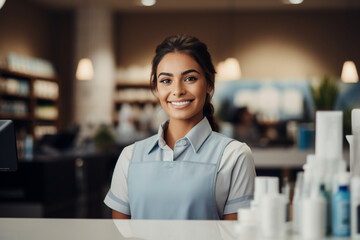 Friendly Cashier Smiling at Checkout Desk in Store