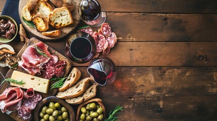 Spanish Culinary Fiesta: An enticing tapas and charcuterie banner with blank space for text, showcasing an assortment of cured meats, cheese, olives, and wine glasses against a rustic backdrop.

 - obrazy, fototapety, plakaty
