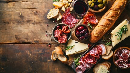 Spanish Culinary Fiesta: An enticing tapas and charcuterie banner with blank space for text,...