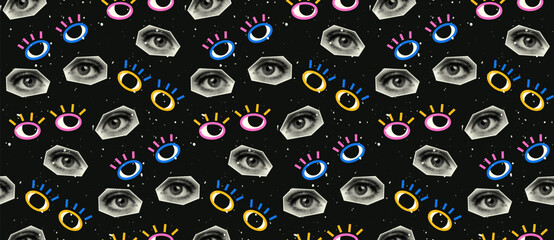 Vector seamless collage background. Pattern with halftone style eyes and eye designs. Vibrant modern print.