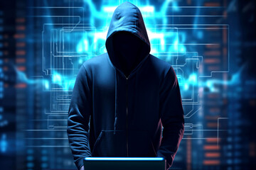 hacker hooded computer cracking digital code to hack into the mainframe of a network and disrupt...