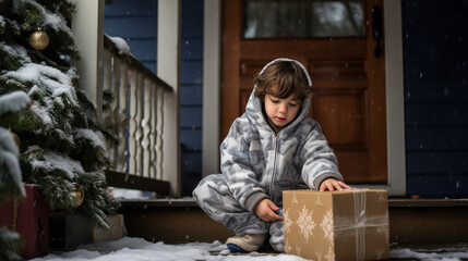 Child in pajamas, sitting on the front step, unwrapping a gift with a look of wonder, with snowflakes falling around.