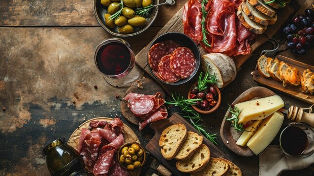 Spanish Culinary Fiesta: An enticing tapas and charcuterie banner with blank space for text, showcasing an assortment of cured meats, cheese, olives, and wine glasses against a rustic backdrop.

