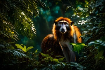In the heart of an untouched tropical paradise, a Wolf's Mona Monkey gracefully moves through the vibrant foliage, its fur illuminated