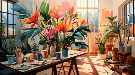 vibrant indoor garden with potted plants and painting supplies
