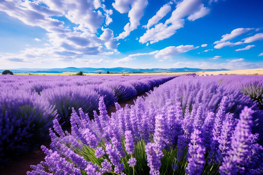 Lush lavender field in the countryside. Horizontal photo