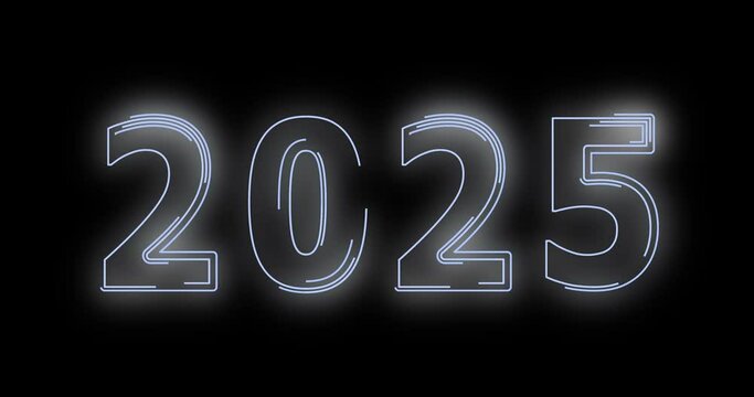 Bright neon illuminate digits 2025 new year design with neon glow. Abstract cosmic vibrant color backdrop. Glowing neon Congratulation Happy New Year 2025. Futuristic style loop new year animation