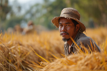 Naklejka na ściany i meble asian farmer on the field among the straw during threshing