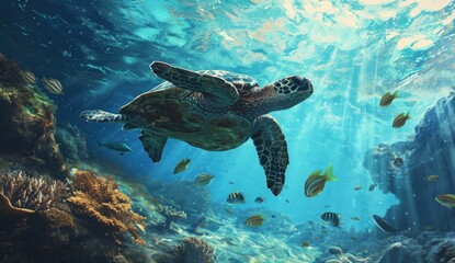 Obraz na płótnie Canvas Ocean Harmony: Experience the serene beauty of a turtle and fish swimming together in the ocean, showcasing the peaceful coexistence and graceful collaboration of marine life.