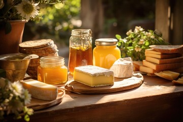 Taste of Tuscany: Wooden Table with Acacia Honey and Pecorino Cheese, a Perfect Pairing from Italy's Heartland. - obrazy, fototapety, plakaty