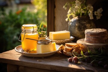 Taste of Tuscany: Wooden Table with Acacia Honey and Pecorino Cheese, a Perfect Pairing from Italy's Heartland.