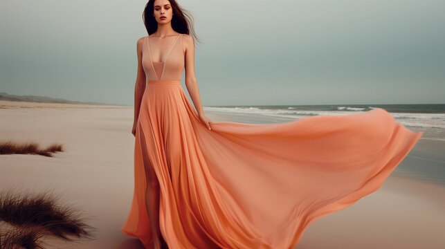 Woman in Peach Slit Dress on Beach, Wind Blowing
