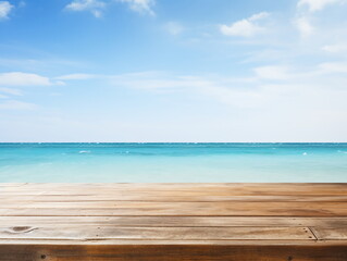 Fototapeta premium Blue Ocean and Sky Over Wooden Deck