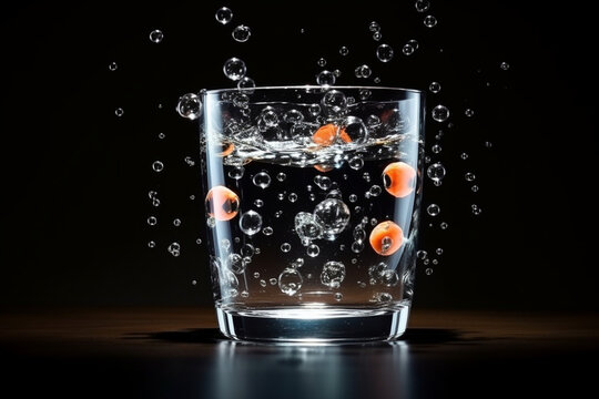 Glass with efervescent tablet in water with bubbles isolated on black