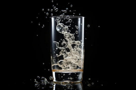Glass with efervescent tablet in water with bubbles isolated on black