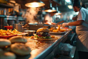 Process of cooking an order in kitchen of fast food restaurant. Chef prepares meat cutlet burgers....