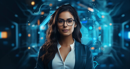 Young software engineer with glasses standing in front of a Technology background 