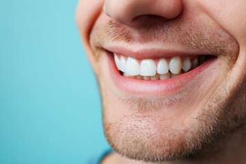 Man with white teeth smiling on pastel blue background. Close up portrait of happy emotion