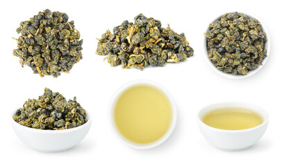 Taiwan Jin Xuan Oolong, collection of loose leaves and bowls of brewed oolong tea isolated on white