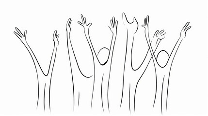 Continuous line drawing illustrating three unified figures raising their hands in solidarity.