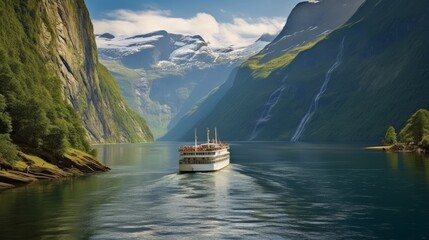 The Norwegian fjords cruise through the dramatic. AI generated - obrazy, fototapety, plakaty