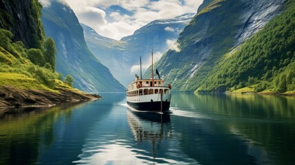 The Norwegian fjords cruise through the dramatic. AI generated - obrazy, fototapety, plakaty