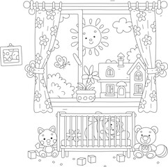 Smiling sun in a nursery window with pretty curtains and a cute newborn baby lying in a small cot among funny toys, black and white outline vector cartoon illustration for a coloring book