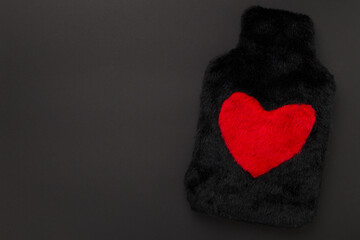 Fluffy water warmer bag on color background, top view