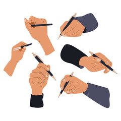 Flat illustration of human hands holding a pen. Different positions of hands with pens. Hands writing. Concept of education and training, deal concept, signing a contract. Vector cartoon illustration	