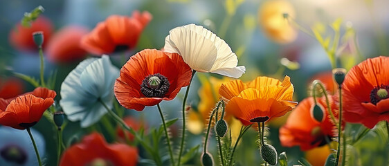 Obraz premium Vibrant Spring and Summer Fusion: Close-up of Colorful Poppy Flowers in Nature's Brilliance