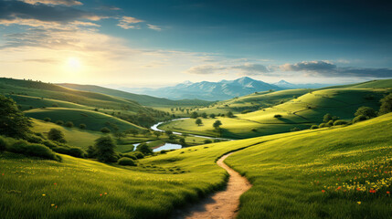 Serenade of Nature: Picturesque Winding Path Through Green Grass Field in Hilly Morning Dawn, Spring and Summer Panorama