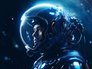 A futuristic astronaut wearing an advanced helmet with integrated digital displays gazes intently into the distance. Deep blue hues set an atmospheric tone 