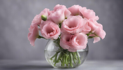 bouquet of pink Eustoma flowers in a glass vase on a grey background
