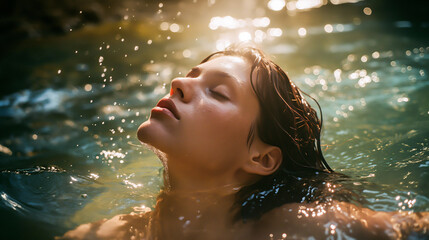 Fototapeta premium A young woman with her eyes closed partially submerged in water with small ripples. Sunlight is shining on the water, creating bright reflections and giving it a sparkling appearance. Dreamy mood.