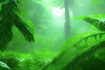 Tropical rain forest with green fern leaves and sunlight.