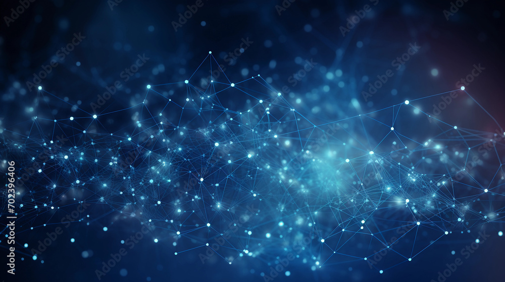 Poster blue abstract background with a network grid and particles connected.