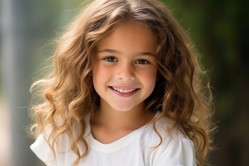 Obraz premium Portrait of a cute smiling little girl with long curly hair outdoor