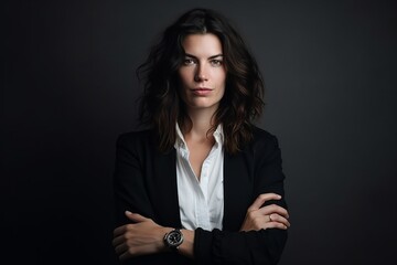 Portrait of a beautiful young business woman on a dark background.