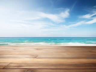 Wooden dock over calm ocean with bright blue sky and white clouds - Powered by Adobe