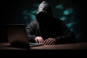 hacker hooded computer cracking digital code to hack into the mainframe of a network and disrupt systems to black mail, hold to ransom or take down companies, products or service