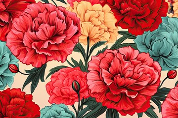 Carnations Flower Pattern for Vintage Fashion Concept Plant Art, Cottagecore Background, Kitsch Floral Wallpaper Painting, Gardening Blog Background, Retro Clothing Textile Design